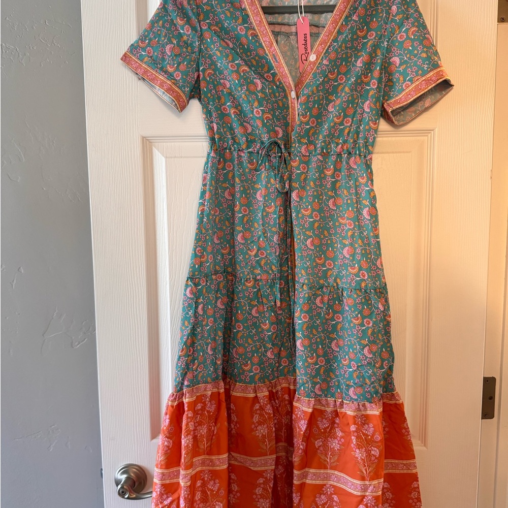 Floral V-Neck Midi Dress - Teal and Orange